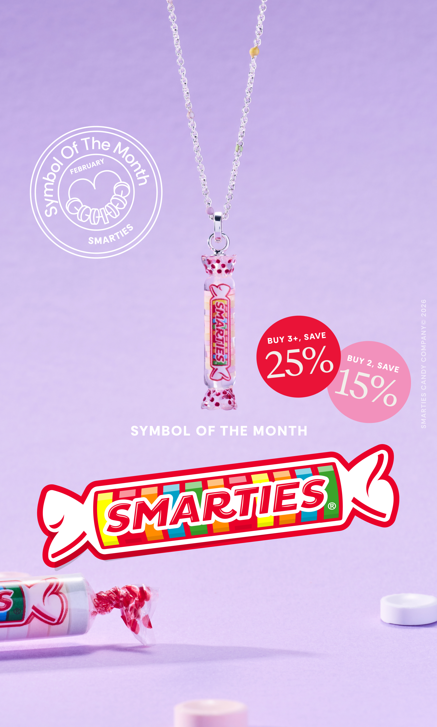 Smarties candy necklace with promotional text on a purple background