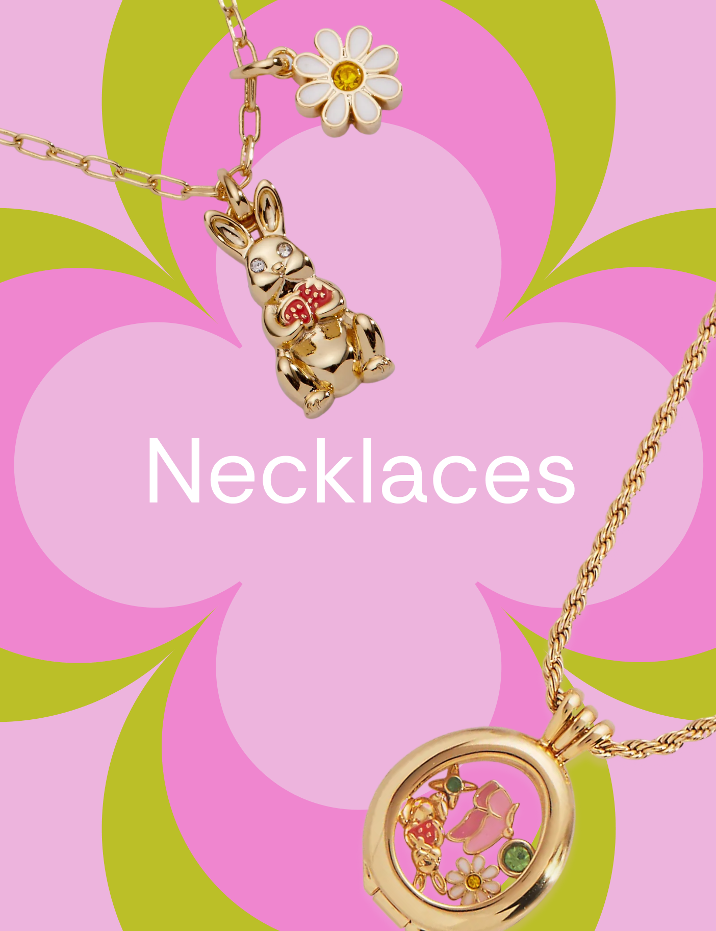 Two gold necklaces with charms on a pink and green floral background with 'Necklaces' text.