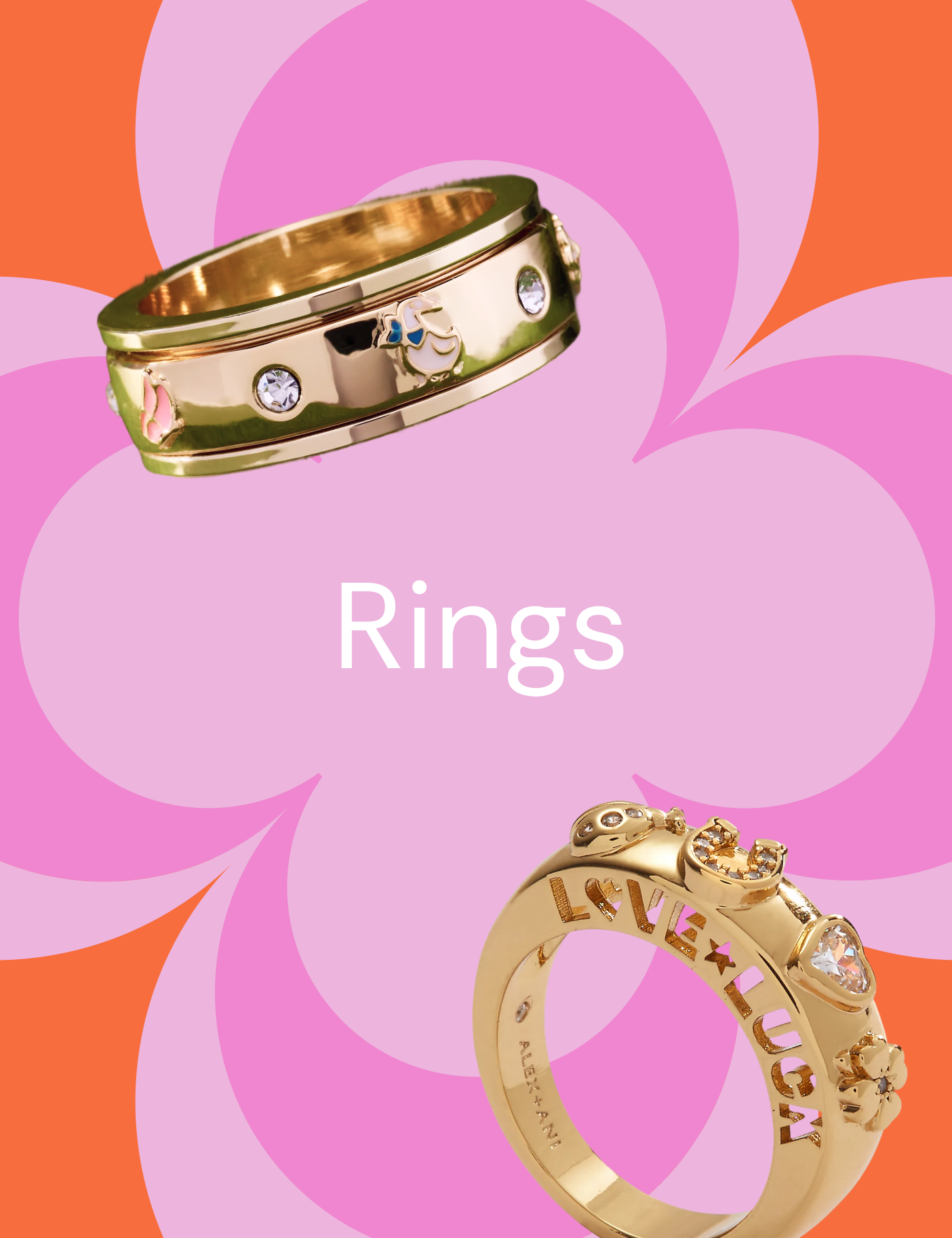 Two gold rings with gemstones on a colorful background with the word 'Rings'.