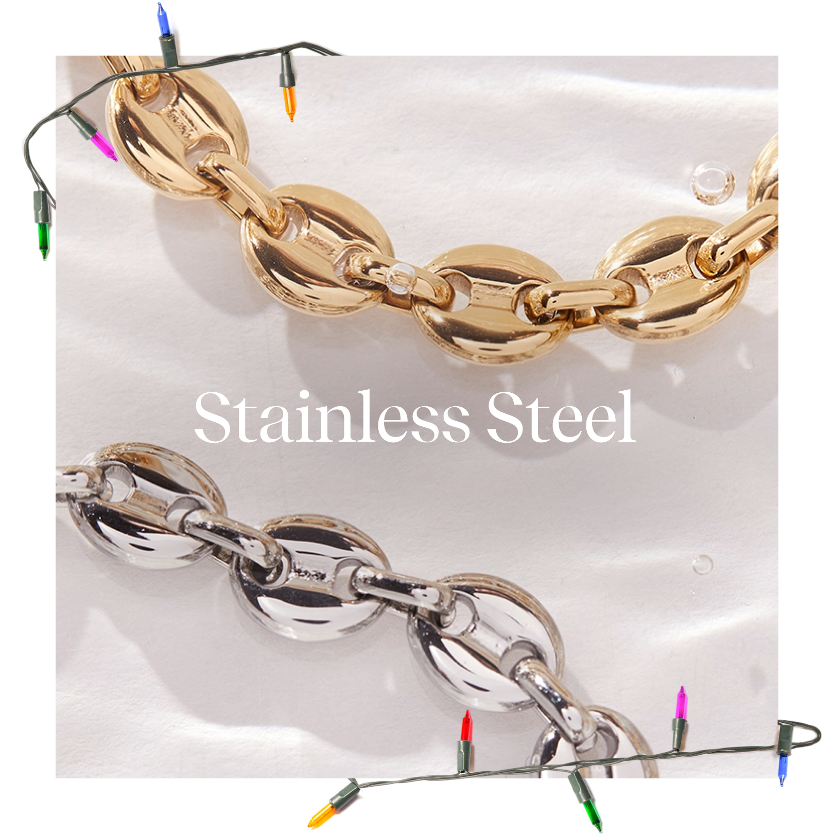 Gold and silver chain necklaces on a white background with 'Stainless Steel' text.