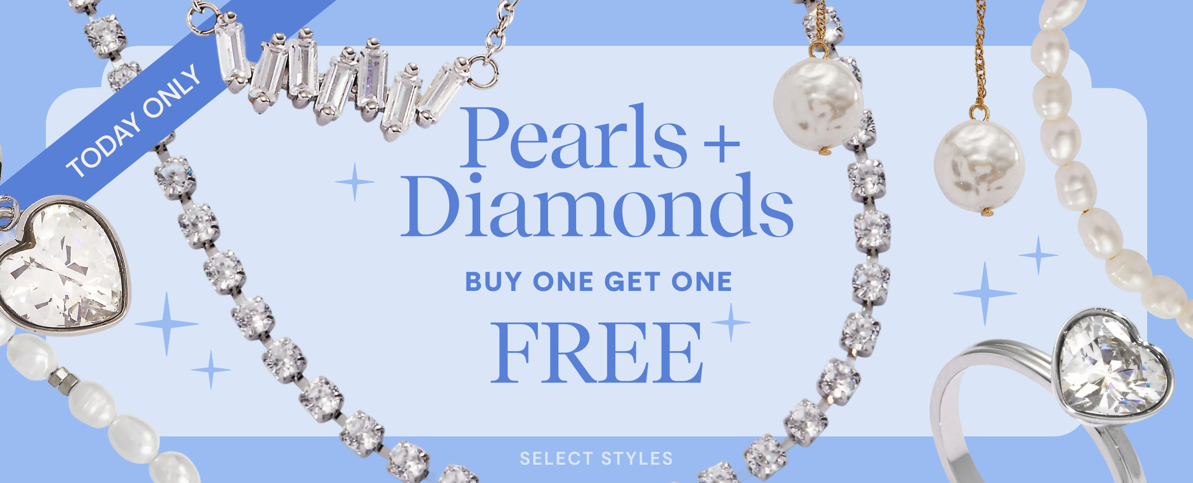 Promotional banner for pearls and diamonds with jewelry on a blue background