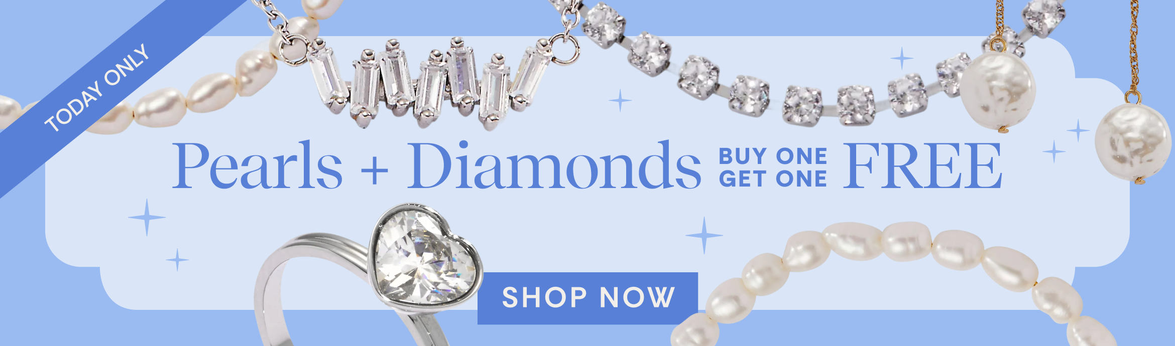 Promotional banner for pearls and diamonds with jewelry on a blue background