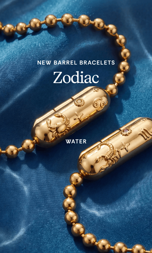 Gif rotating through images of gold Zodiac barrel bracelets over blue, beige, and orange backgrounds with the text "New Barrel Bracelets: Zodiac" and "Water, Air, Fire, Earth"