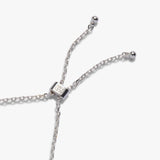 Close-up of a silver Y-shaped chain necklace with a rectangular sliding clasp and small bead ends, photographed on a clean white background.