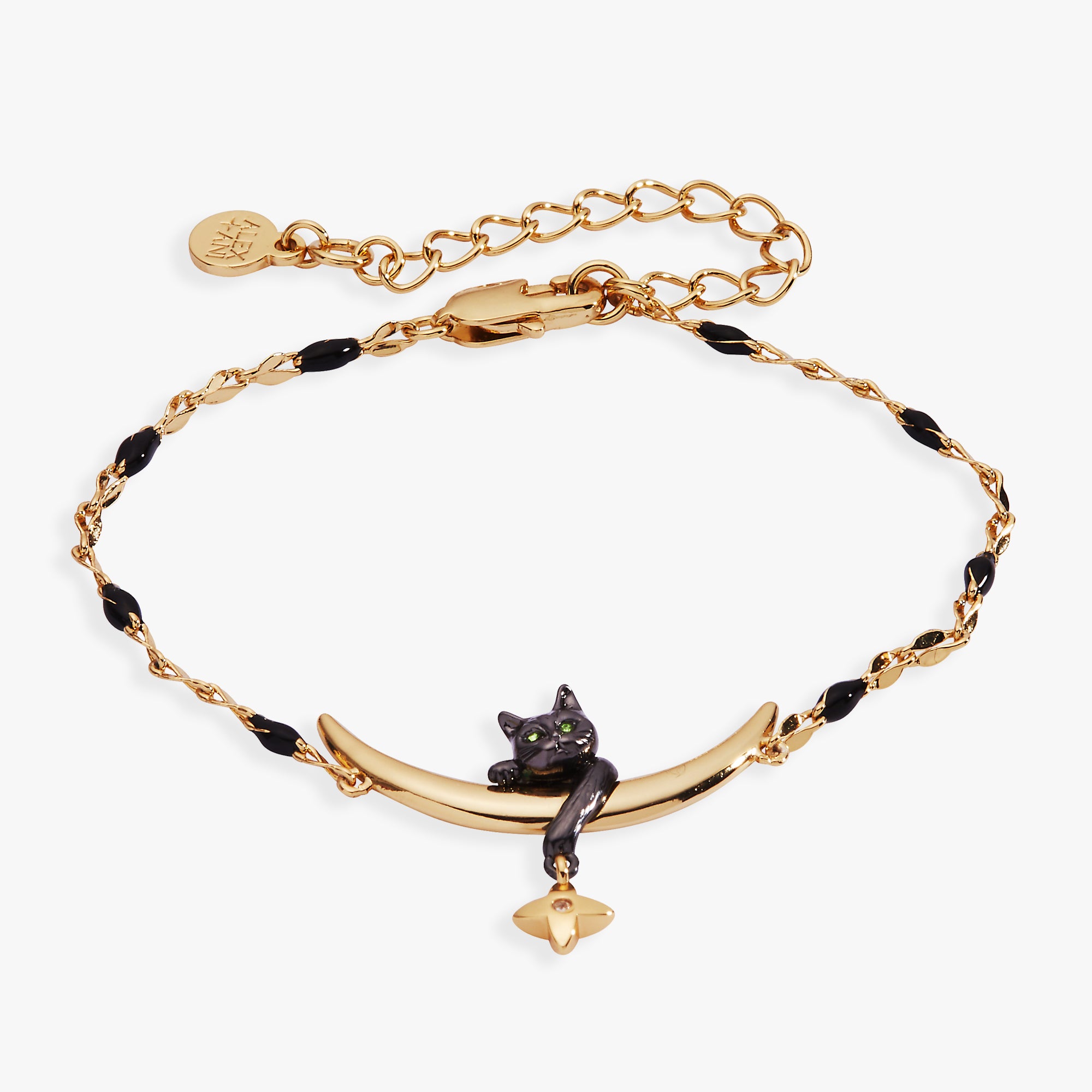A black and gold bracelet with a cat charm