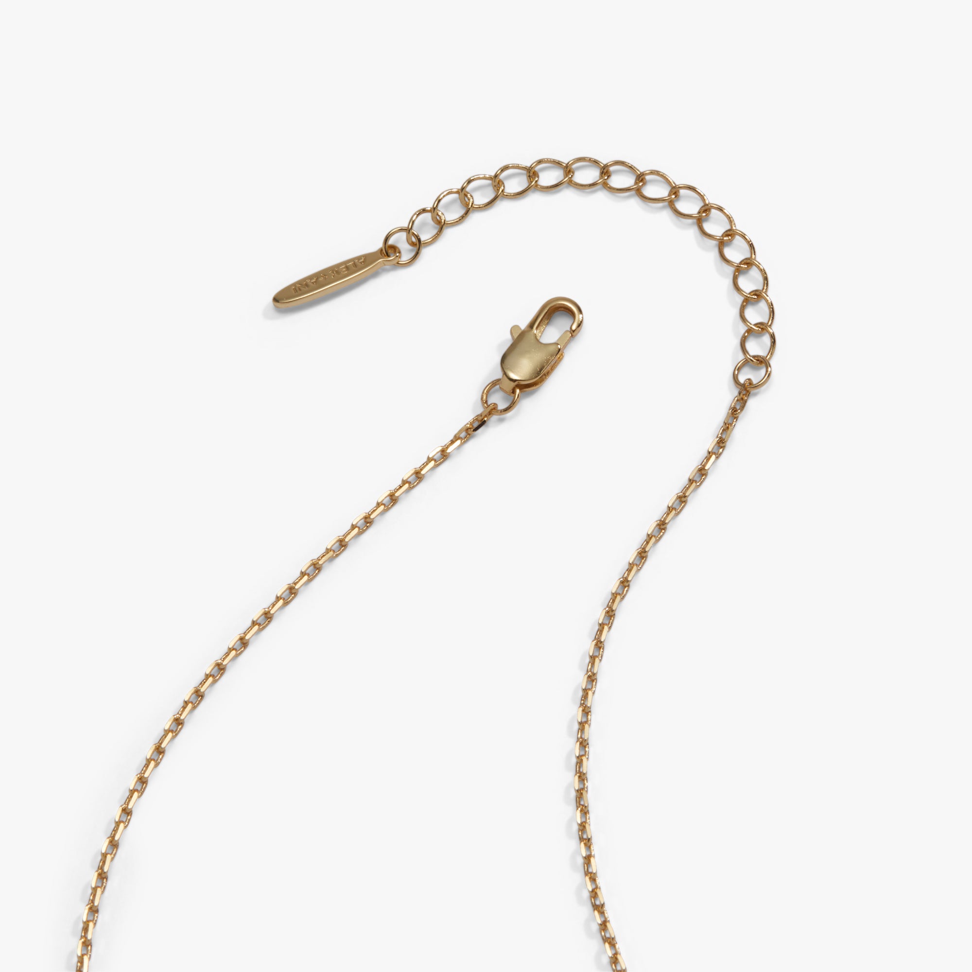 A gold-toned metal chain extender with a lobster clasp and a small branded tag, photographed on a clean white background.