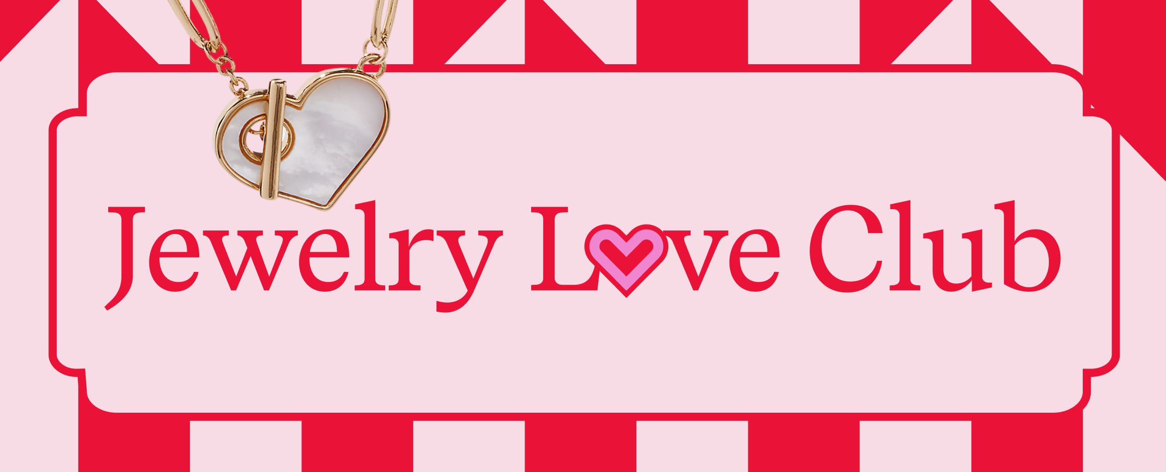 Jewelry Love Club logo with a heart-shaped pendant on a red and white striped background