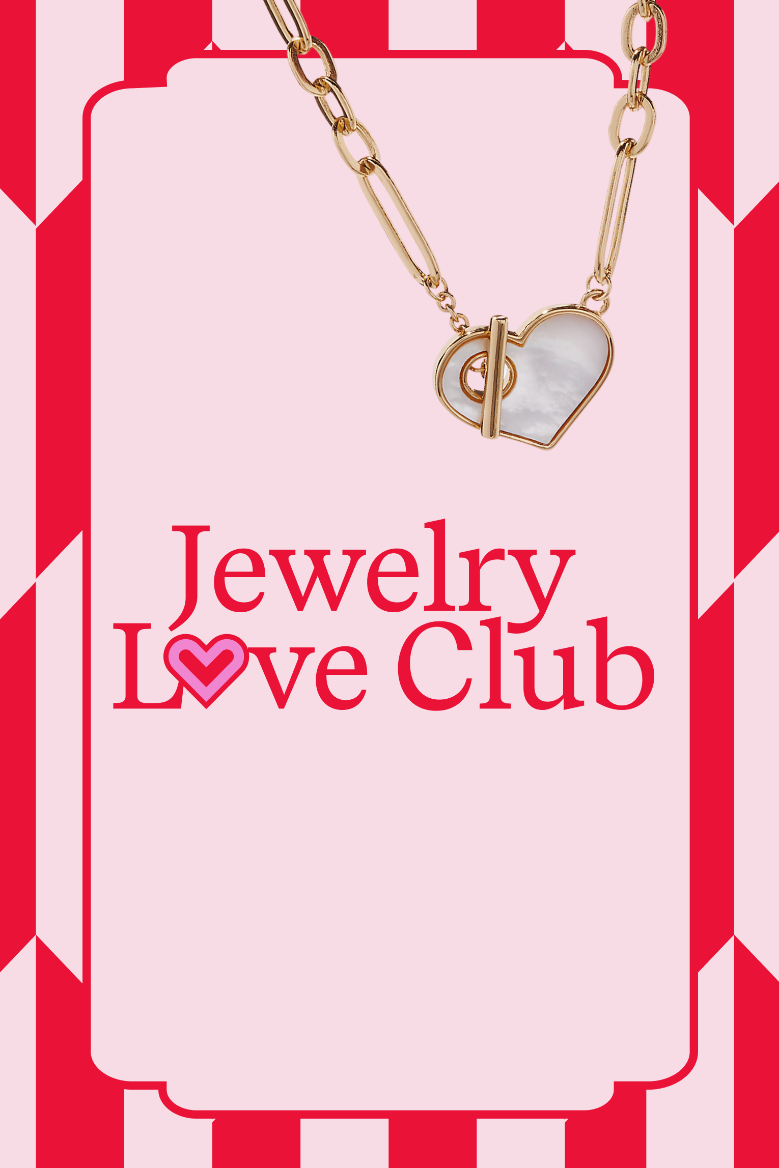 Necklace with heart-shaped pendant on a 'Jewelry Love Club' card with red and white striped border