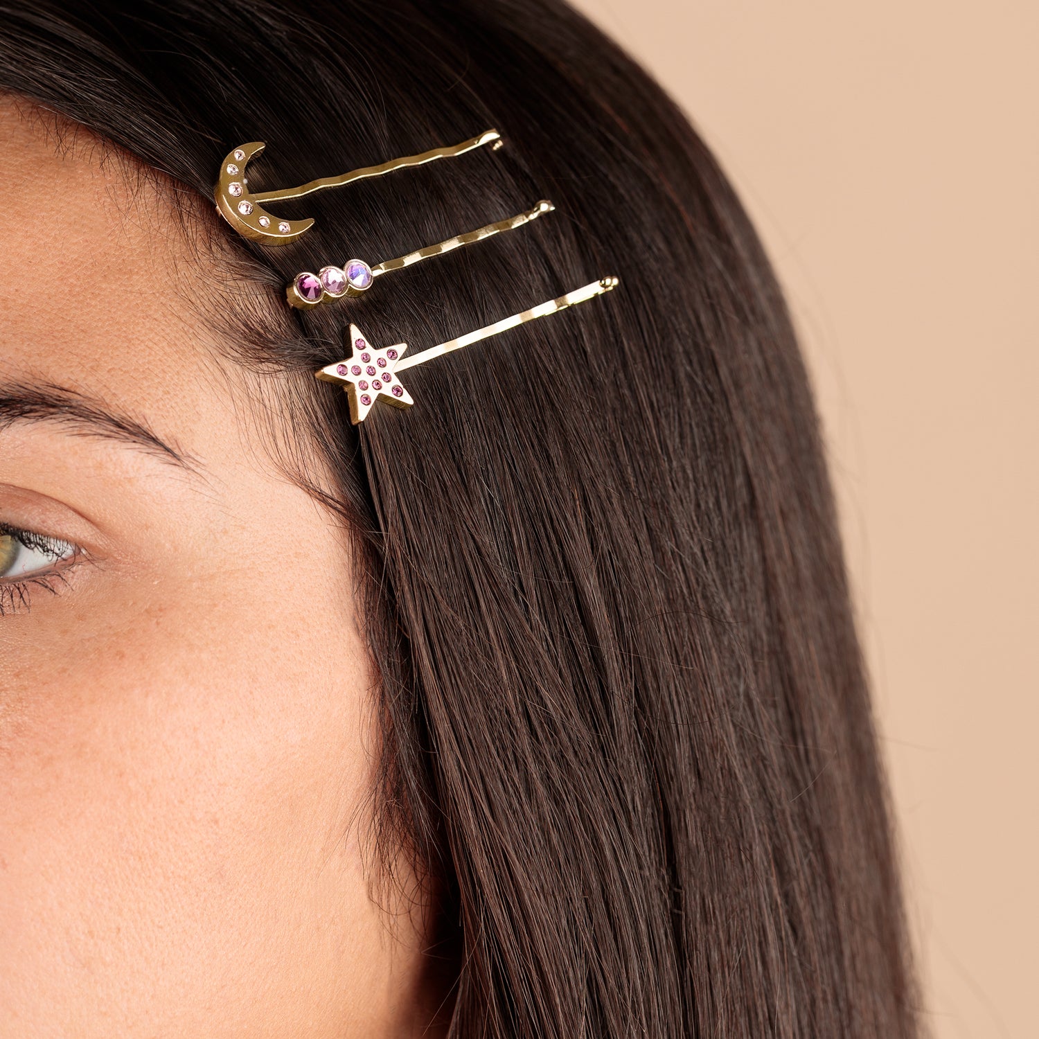 Amethyst Moon + Star Hair Pins, Set of 3
