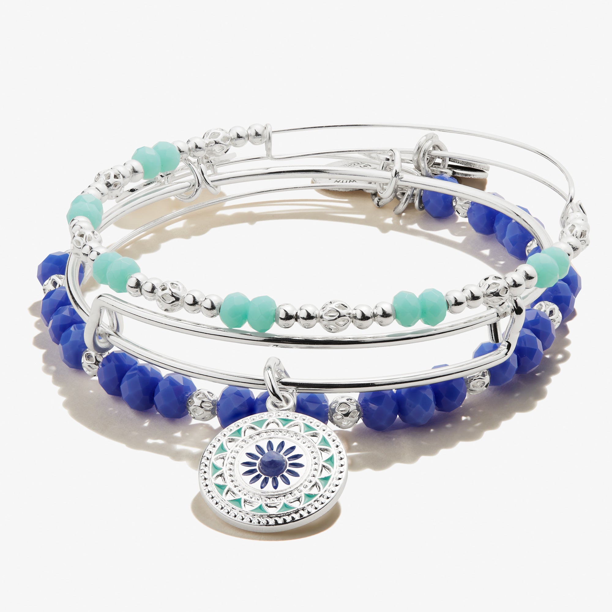 Three silver and blue bracelets
