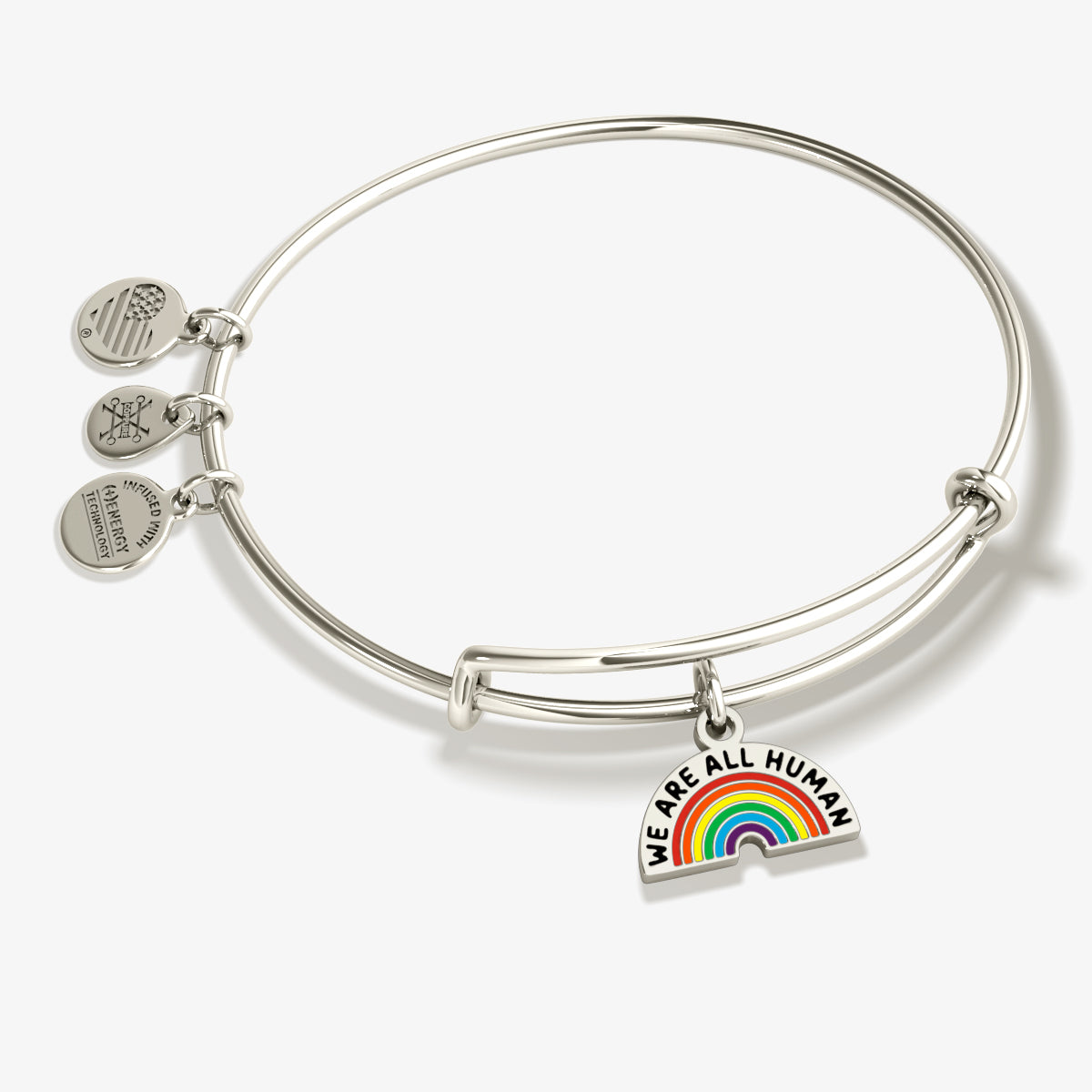 'We Are All Human' Rainbow Charm Bangle Bracelet